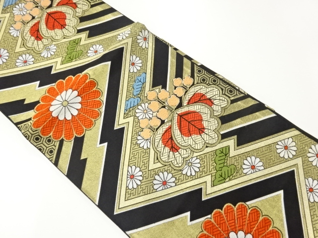 JAPANESE KIMONO / ANTIQUE FUKURO OBI / WOVEN KIKU & PAULOWNIA & PINE & UME